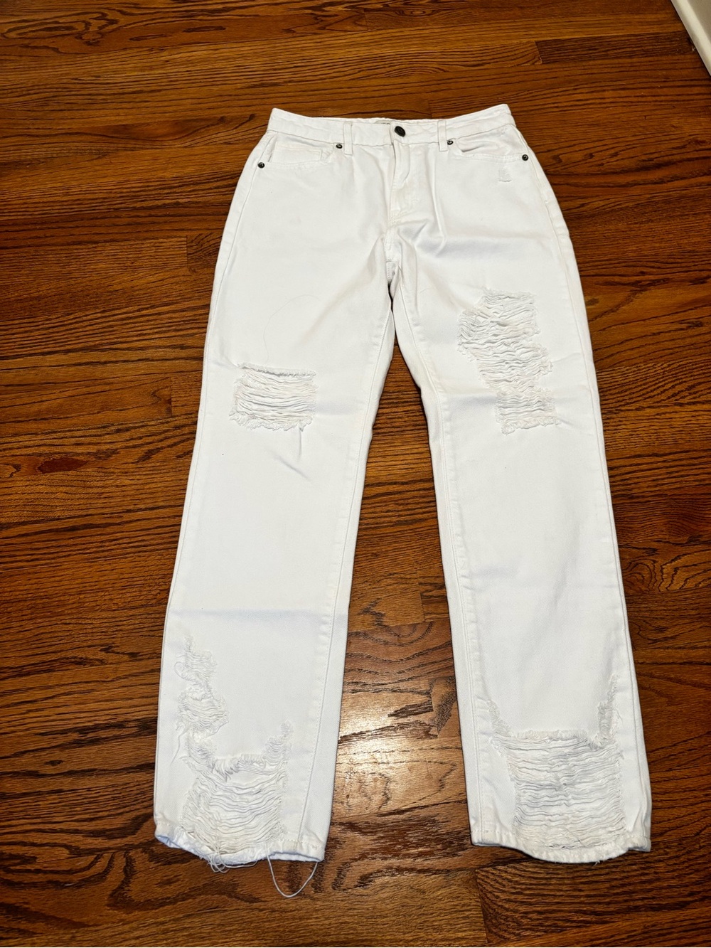 Women's White Distressed Straight Leg Jeans